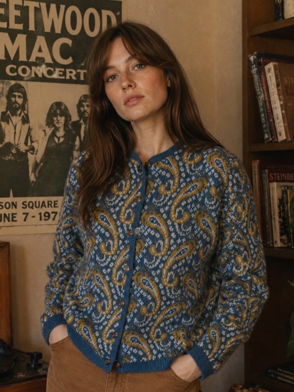 Vintage Linden Mills Mohair Blend Paisley Cardigan Sweater Metal Buttons Size L